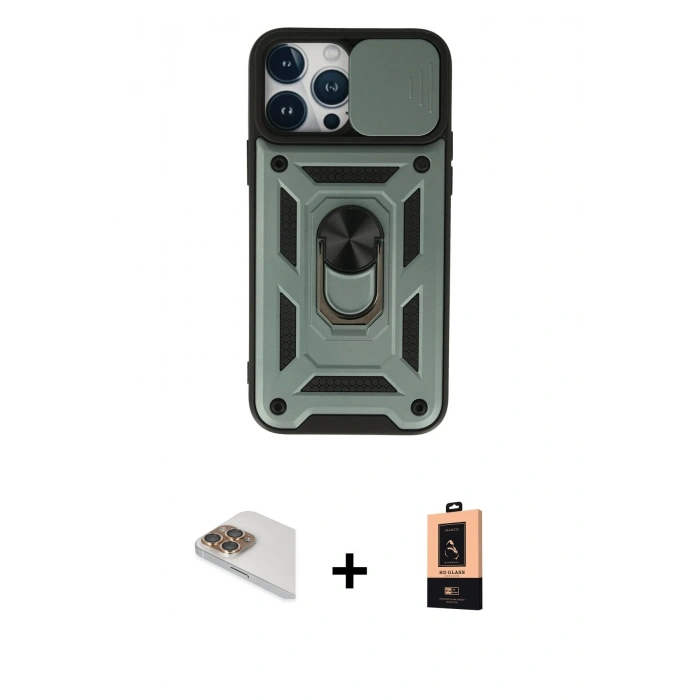 MARSİLYAN™- iPhone 13 Pro Max Kılıf Ahenk Klasik - Şeffaf Maxco Cam Ekran Koruyucu + Gold Pers Alüminyum Kamera Lens