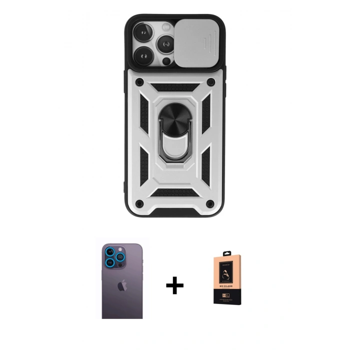 MARSİLYAN™- iPhone 13 Pro Max Kılıf Ahenk Klasik - Şeffaf Maxco Cam Ekran Koruyucu + Mavi Neon Fosforlu Kamera Lens