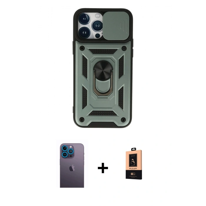 MARSİLYAN™- iPhone 13 Pro Max Kılıf Ahenk Klasik - Şeffaf Maxco Cam Ekran Koruyucu + Mavi Neon Fosforlu Kamera Lens