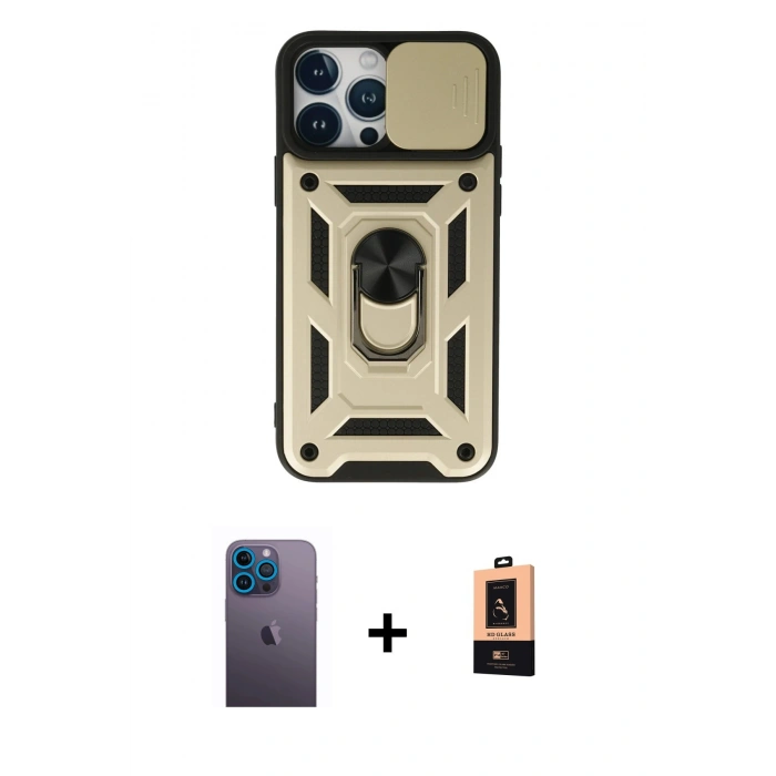 MARSİLYAN™- iPhone 13 Pro Max Kılıf Ahenk Klasik - Şeffaf Maxco Cam Ekran Koruyucu + Mavi Neon Fosforlu Kamera Lens