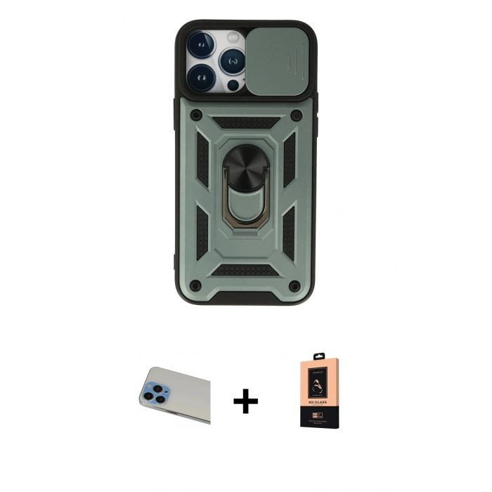 MARSİLYAN™- iPhone 13 Pro Max Kılıf Ahenk Klasik - Şeffaf Maxco Cam Ekran Koruyucu + Rainbow Kamera Lens Koruma Cam - MI