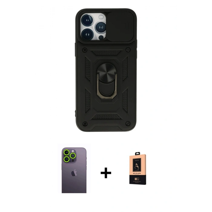 MARSİLYAN™- iPhone 13 Pro Max Kılıf Ahenk Klasik - Şeffaf Maxco Cam Ekran Koruyucu + Neon Fosforlu Kamera Lens - YL