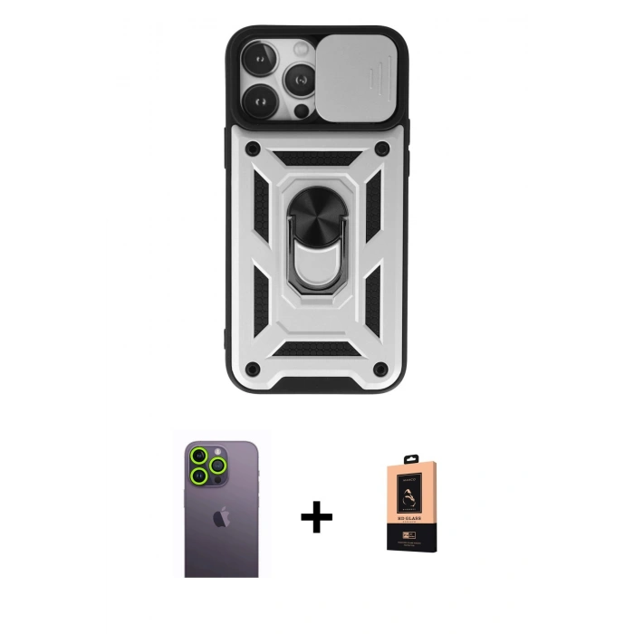 MARSİLYAN™- iPhone 13 Pro Max Kılıf Ahenk Klasik - Şeffaf Maxco Cam Ekran Koruyucu + Neon Fosforlu Kamera Lens - YL