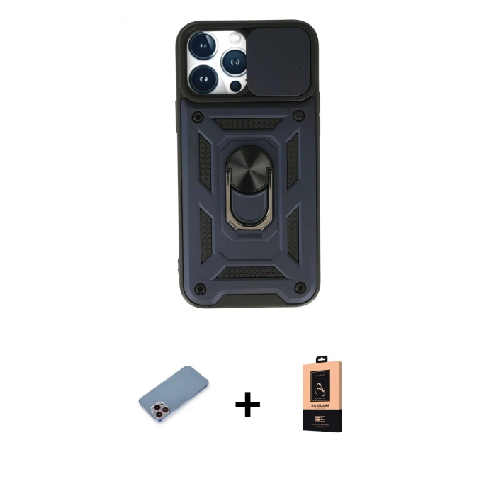 MARSİLYAN™- iPhone 13 Pro Max Kılıf Ahenk Klasik - Şeffaf Maxco Cam Ekran Koruyucu + Shine Kamera Lens Koruma Cam - PE