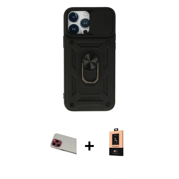 MARSİLYAN™- iPhone 13 Pro Max Kılıf Ahenk Klasik - Şeffaf Maxco Cam Ekran Koruyucu + Rainbow Kamera Lens Koruma Cam - KI