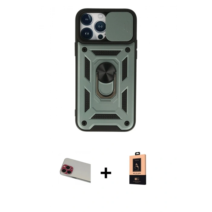 MARSİLYAN™- iPhone 13 Pro Max Kılıf Ahenk Klasik - Şeffaf Maxco Cam Ekran Koruyucu + Rainbow Kamera Lens Koruma Cam - KI