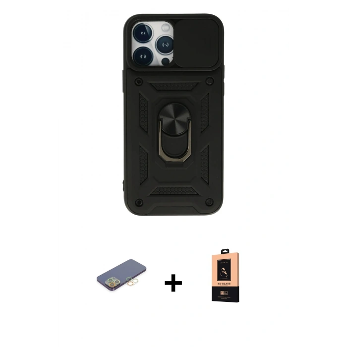 MARSİLYAN™- iPhone 13 Pro Max Kılıf Ahenk Klasik - Şeffaf Maxco Cam Ekran Koruyucu + Renkli Kamera Lens Koruma Cam - SI