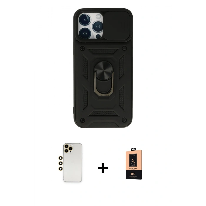 MARSİLYAN™- iPhone 13 Pro Max Kılıf Ahenk Klasik - Şeffaf Maxco Cam Ekran Koruyucu + Shine Kamera Lens - GD