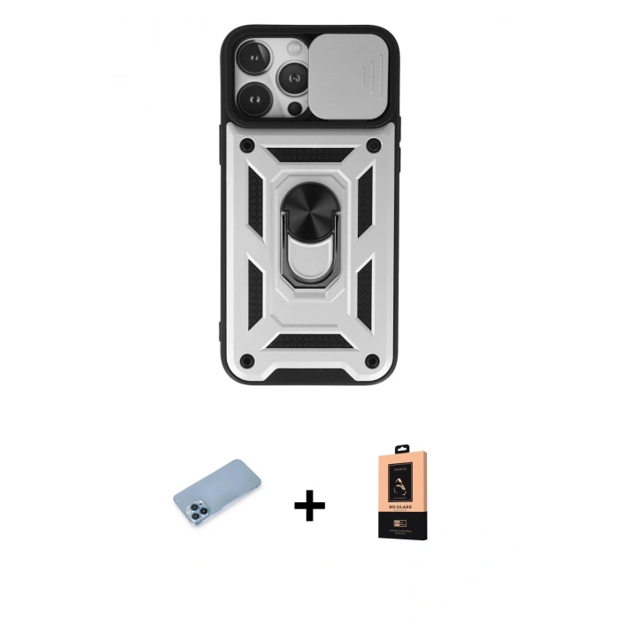 MARSİLYAN™- iPhone 13 Pro Max Kılıf Ahenk Klasik - Şeffaf Maxco Cam Ekran Koruyucu + Shine Kamera Lens Koruma Cam - MI