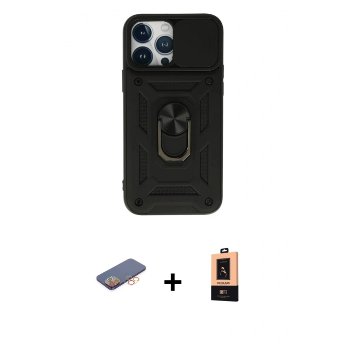 MARSİLYAN™- iPhone 13 Pro Max Kılıf Ahenk Klasik - Şeffaf Maxco Cam Ekran Koruyucu + Renkli Kamera Lens Koruma Cam - TU