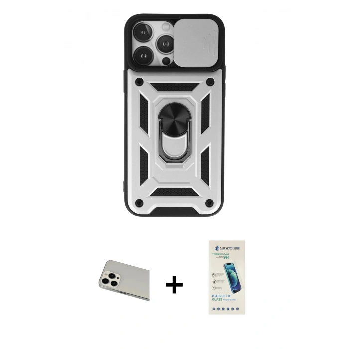 MARSİLYAN™- iPhone 13 Pro Max Kılıf Ahenk Klasik - Şeffaf Pasifik Cam Ekran Koruyucu + Rainbow Kamera Lens Koruma Cam - BZ