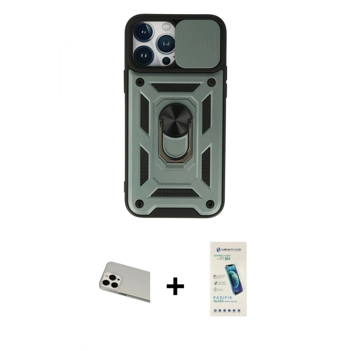 MARSİLYAN™- iPhone 13 Pro Max Kılıf Ahenk Klasik - Şeffaf Pasifik Cam Ekran Koruyucu + Rainbow Kamera Lens Koruma Cam - BZ