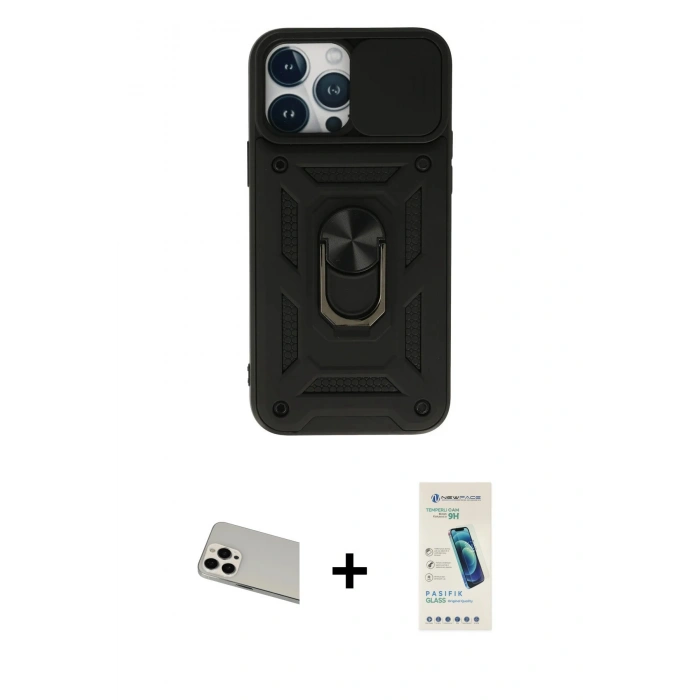 MARSİLYAN™- iPhone 13 Pro Max Kılıf Ahenk Klasik - Şeffaf Pasifik Cam Ekran Koruyucu + Rainbow Kamera Lens Koruma Cam - BZ
