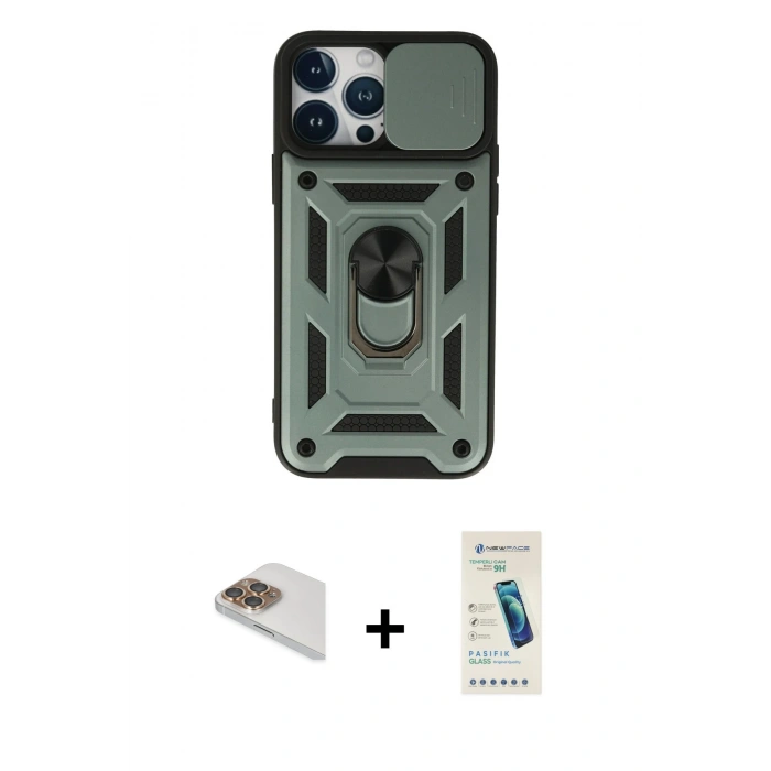 MARSİLYAN™- iPhone 13 Pro Max Kılıf Ahenk Klasik - Şeffaf Pasifik Cam Ekran Koruyucu + Pers Alüminyum Kamera Lens - GD