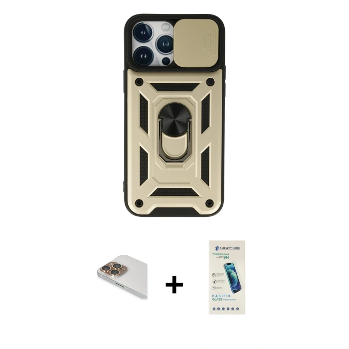 MARSİLYAN™- iPhone 13 Pro Max Kılıf Ahenk Klasik - Şeffaf Pasifik Cam Ekran Koruyucu + Pers Alüminyum Kamera Lens - GD