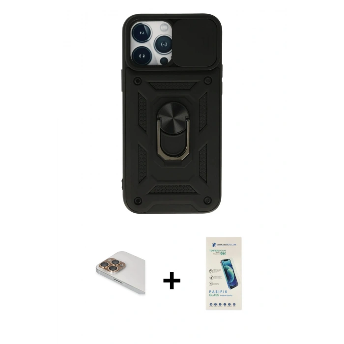 MARSİLYAN™- iPhone 13 Pro Max Kılıf Ahenk Klasik - Şeffaf Pasifik Cam Ekran Koruyucu + Pers Alüminyum Kamera Lens - GD