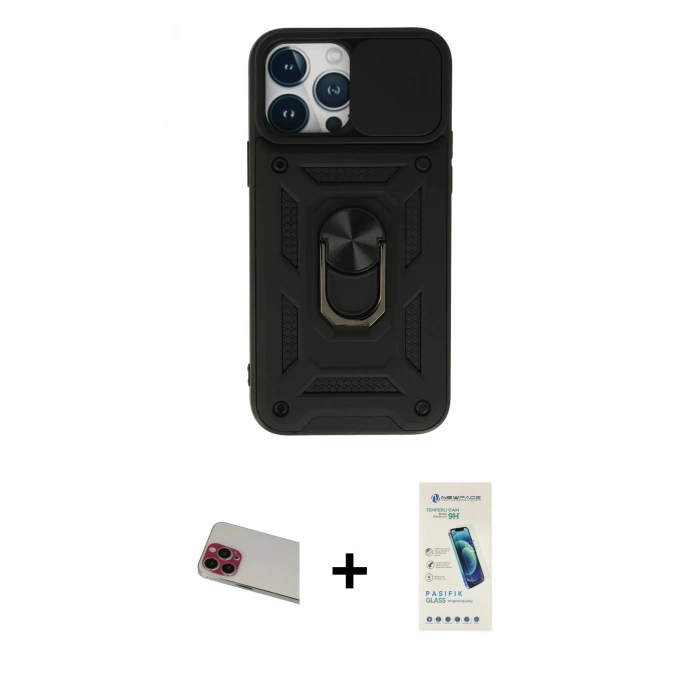 MARSİLYAN™- iPhone 13 Pro Max Kılıf Ahenk Klasik - Şeffaf Pasifik Cam Ekran Koruyucu + Kırmızı Rainbow Kamera Lens Koruma Cam
