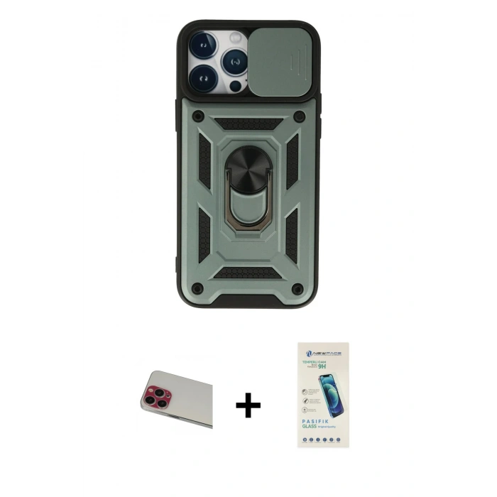 MARSİLYAN™- iPhone 13 Pro Max Kılıf Ahenk Klasik - Şeffaf Pasifik Cam Ekran Koruyucu + Kırmızı Rainbow Kamera Lens Koruma Cam