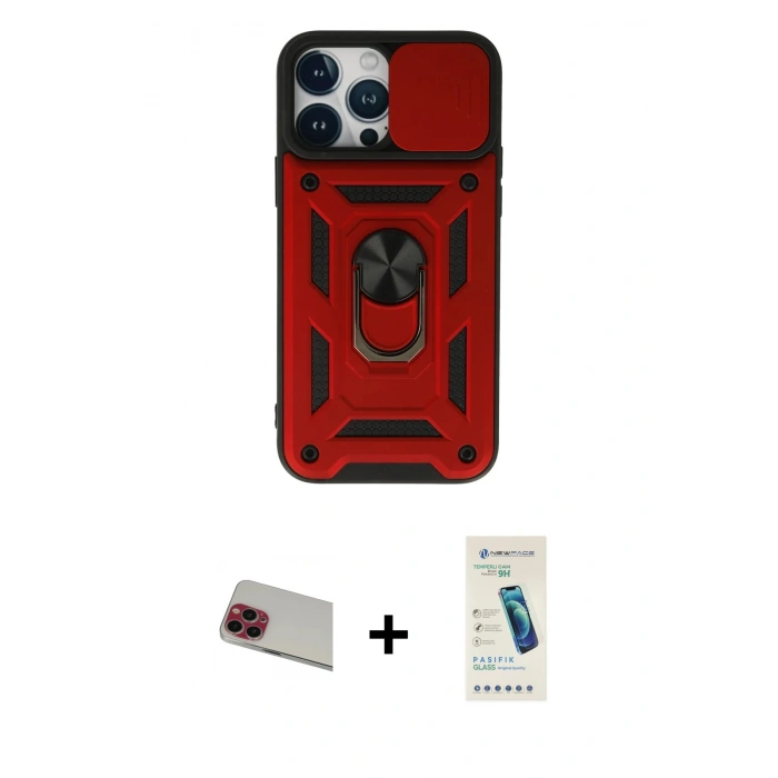 MARSİLYAN™- iPhone 13 Pro Max Kılıf Ahenk Klasik - Şeffaf Pasifik Cam Ekran Koruyucu + Kırmızı Rainbow Kamera Lens Koruma Cam