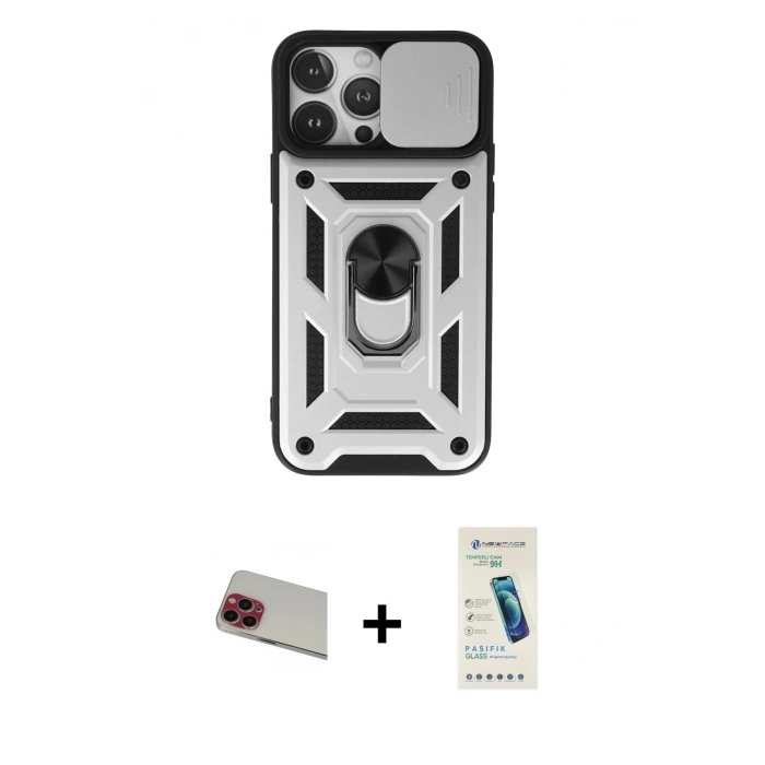 MARSİLYAN™- iPhone 13 Pro Max Kılıf Ahenk Klasik - Şeffaf Pasifik Cam Ekran Koruyucu + Kırmızı Rainbow Kamera Lens Koruma Cam