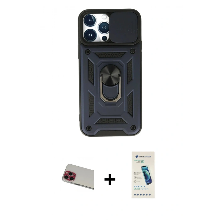 MARSİLYAN™- iPhone 13 Pro Max Kılıf Ahenk Klasik - Şeffaf Pasifik Cam Ekran Koruyucu + Kırmızı Rainbow Kamera Lens Koruma Cam