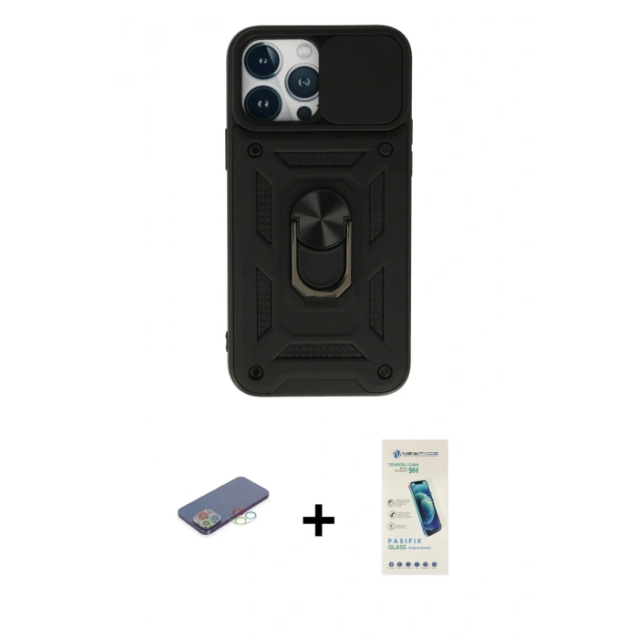MARSİLYAN™- iPhone 13 Pro Max Kılıf Ahenk Klasik - Şeffaf Pasifik Cam Ekran Koruyucu + Renkli Kamera Lens Koruma Cam - MI