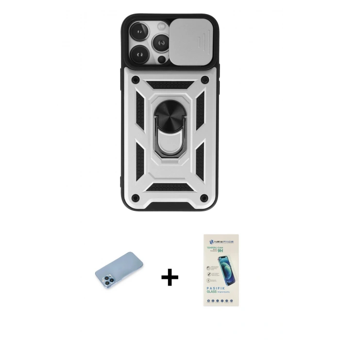 MARSİLYAN™- iPhone 13 Pro Max Kılıf Ahenk Klasik - Şeffaf Pasifik Cam Ekran Koruyucu + Shine Kamera Lens Koruma Cam - MI