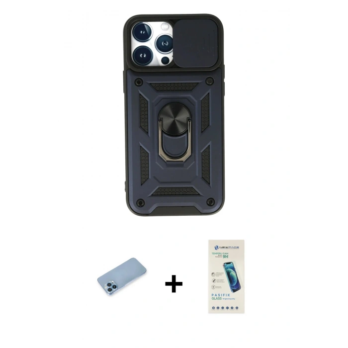 MARSİLYAN™- iPhone 13 Pro Max Kılıf Ahenk Klasik - Şeffaf Pasifik Cam Ekran Koruyucu + Shine Kamera Lens Koruma Cam - MI