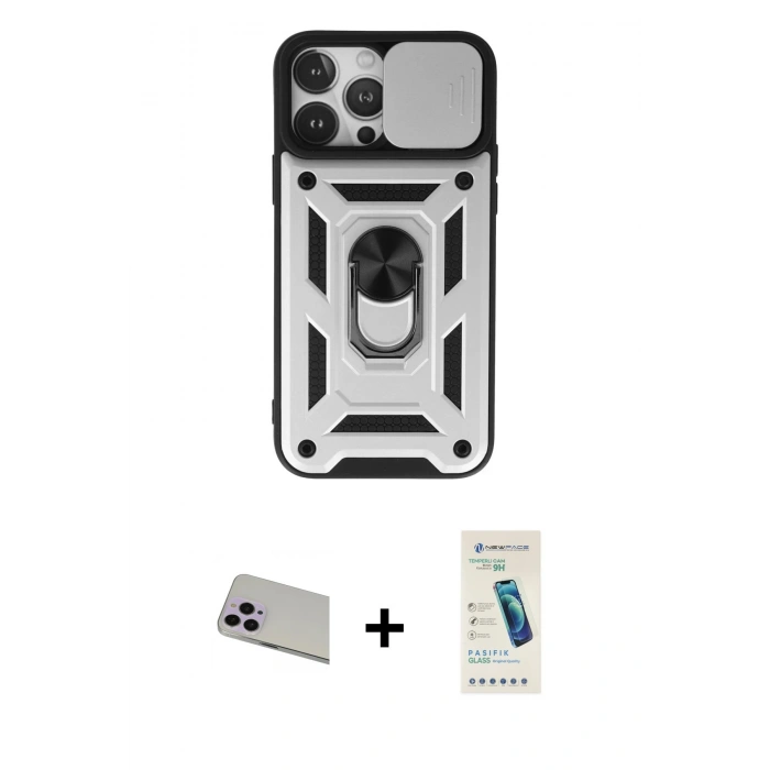 MARSİLYAN™- iPhone 13 Pro Max Kılıf Ahenk Klasik - Şeffaf Pasifik Cam Ekran Koruyucu + Rainbow Kamera Lens Koruma Cam - MR