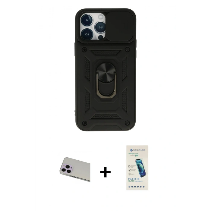 MARSİLYAN™- iPhone 13 Pro Max Kılıf Ahenk Klasik - Şeffaf Pasifik Cam Ekran Koruyucu + Rainbow Kamera Lens Koruma Cam - MR