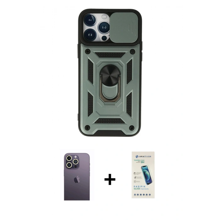 MARSİLYAN™- iPhone 13 Pro Max Kılıf Ahenk Klasik - Şeffaf Pasifik Cam Ekran Koruyucu + Neon Fosforlu Kamera Lens - BZ