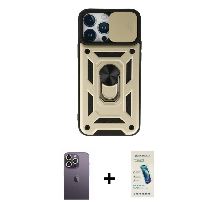 MARSİLYAN™- iPhone 13 Pro Max Kılıf Ahenk Klasik - Şeffaf Pasifik Cam Ekran Koruyucu + Neon Fosforlu Kamera Lens - BZ