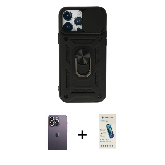 MARSİLYAN™- iPhone 13 Pro Max Kılıf Ahenk Klasik - Şeffaf Pasifik Cam Ekran Koruyucu + Neon Fosforlu Kamera Lens - BZ
