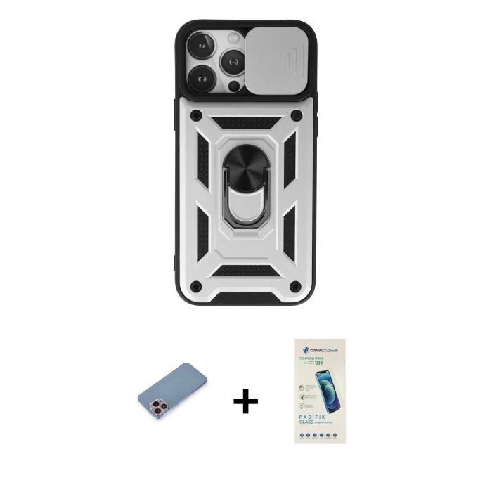 MARSİLYAN™- iPhone 13 Pro Max Kılıf Ahenk Klasik - Şeffaf Pasifik Cam Ekran Koruyucu + Shine Kamera Lens Koruma Cam - PE