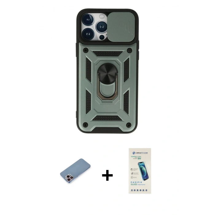 MARSİLYAN™- iPhone 13 Pro Max Kılıf Ahenk Klasik - Şeffaf Pasifik Cam Ekran Koruyucu + Shine Kamera Lens Koruma Cam - PE