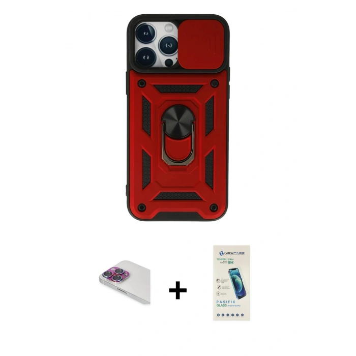 MARSİLYAN™- iPhone 13 Pro Max Kılıf Ahenk Klasik - Şeffaf Pasifik Cam Ekran Koruyucu + Pers Alüminyum Kamera Lens - GI
