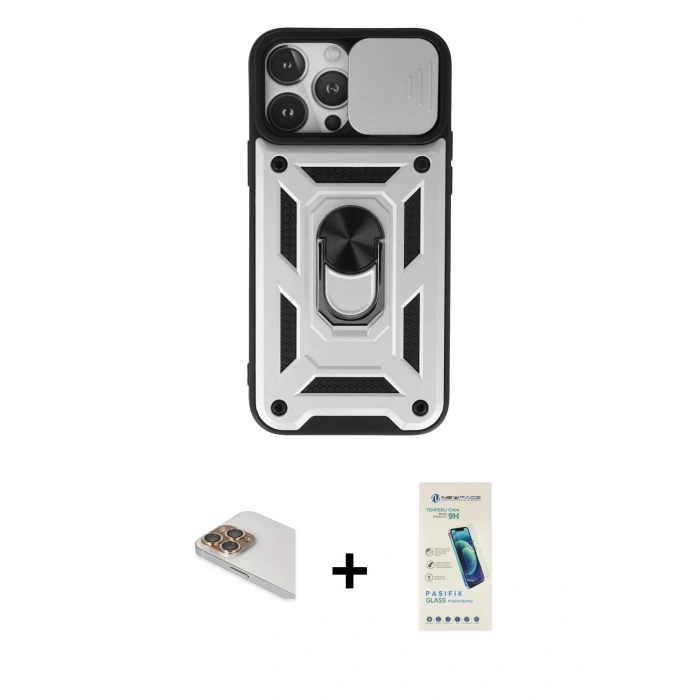 MARSİLYAN™- iPhone 13 Pro Max Kılıf Ahenk Klasik - Şeffaf Pasifik Cam Ekran Koruyucu + Pers Alüminyum Kamera Lens - GD