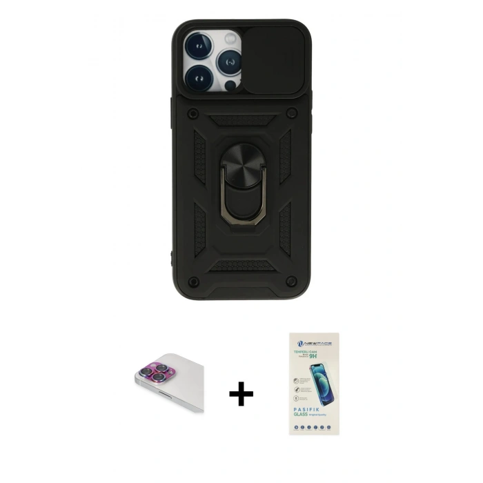 MARSİLYAN™- iPhone 13 Pro Max Kılıf Ahenk Klasik - Şeffaf Pasifik Cam Ekran Koruyucu + Pers Alüminyum Kamera Lens - GI