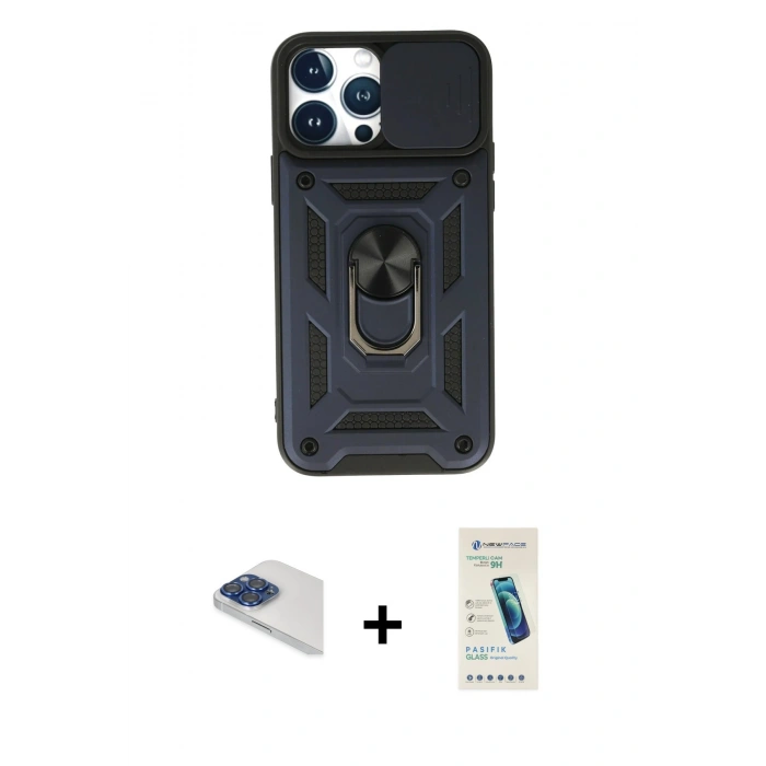 MARSİLYAN™- iPhone 13 Pro Max Kılıf Ahenk Klasik - Şeffaf Pasifik Cam Ekran Koruyucu + Pers Alüminyum Kamera Lens - LT