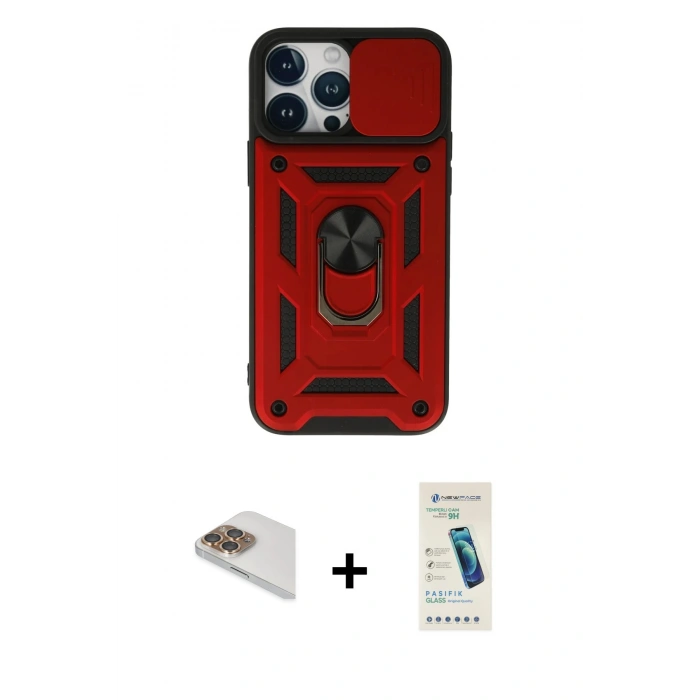 MARSİLYAN™- iPhone 13 Pro Max Kılıf Ahenk Klasik - Şeffaf Pasifik Cam Ekran Koruyucu + Pers Alüminyum Kamera Lens - GD