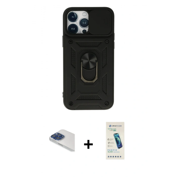 MARSİLYAN™- iPhone 13 Pro Max Kılıf Ahenk Klasik - Şeffaf Pasifik Cam Ekran Koruyucu + Pers Alüminyum Kamera Lens - LT