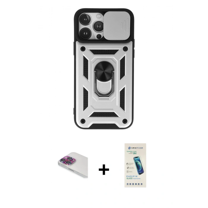 MARSİLYAN™- iPhone 13 Pro Max Kılıf Ahenk Klasik - Şeffaf Pasifik Cam Ekran Koruyucu + Pers Alüminyum Kamera Lens - GI
