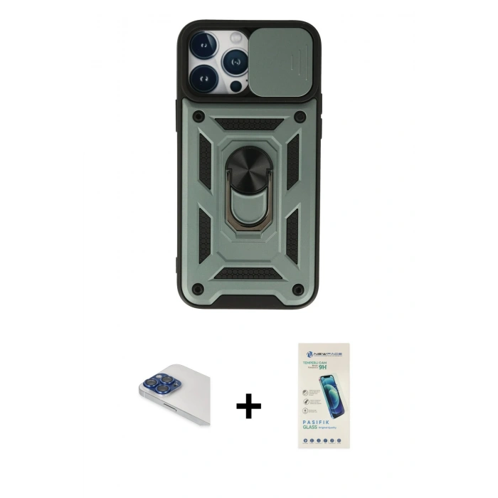 MARSİLYAN™- iPhone 13 Pro Max Kılıf Ahenk Klasik - Şeffaf Pasifik Cam Ekran Koruyucu + Pers Alüminyum Kamera Lens - LT