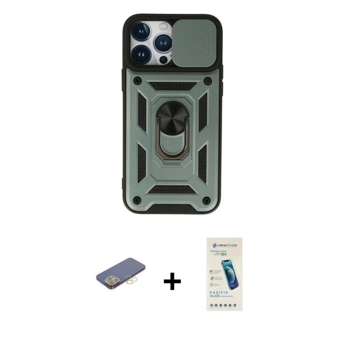 MARSİLYAN™- iPhone 13 Pro Max Kılıf Ahenk Klasik - Şeffaf Pasifik Cam Ekran Koruyucu + Renkli Kamera Lens Koruma Cam - SI