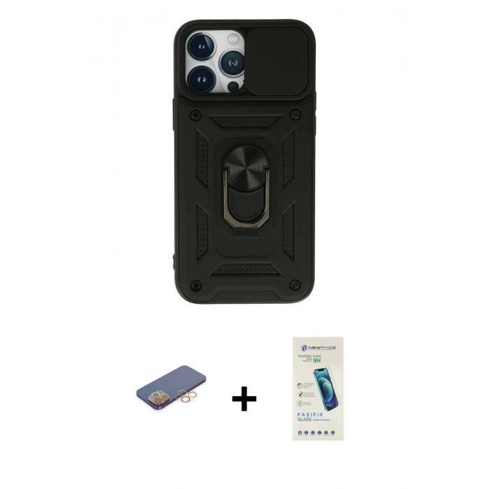 MARSİLYAN™- iPhone 13 Pro Max Kılıf Ahenk Klasik - Şeffaf Pasifik Cam Ekran Koruyucu + Renkli Kamera Lens Koruma Cam - TU