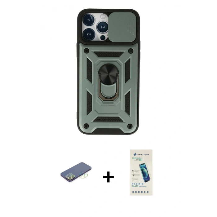 MARSİLYAN™- iPhone 13 Pro Max Kılıf Ahenk Klasik - Şeffaf Pasifik Cam Ekran Koruyucu + Renkli Kamera Lens Koruma Cam - YL