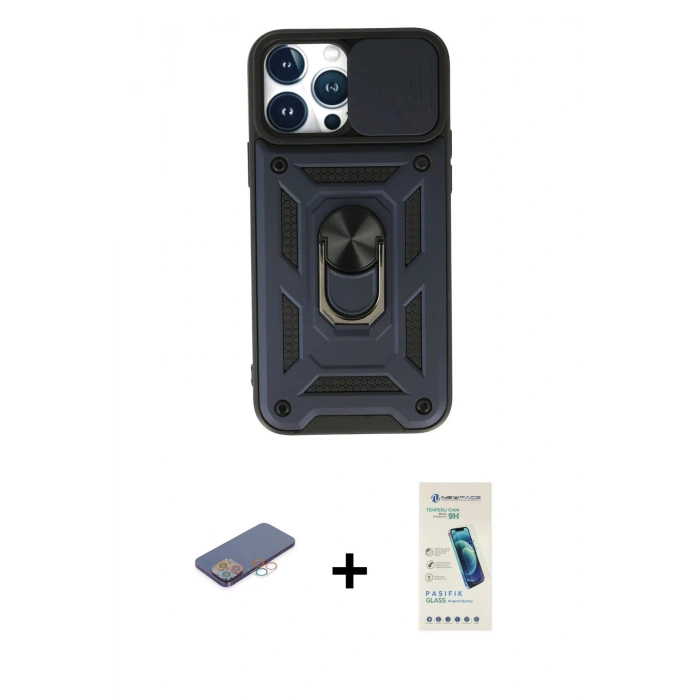 MARSİLYAN™- iPhone 13 Pro Max Kılıf Ahenk Klasik - Şeffaf Pasifik Cam Ekran Koruyucu + Renkli Kamera Lens Koruma Cam - PE