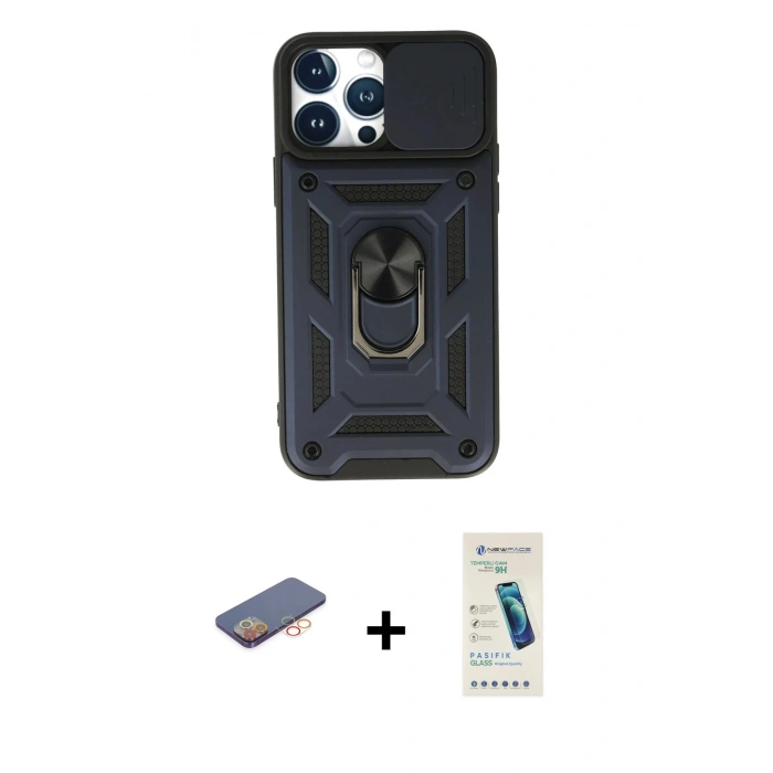 MARSİLYAN™- iPhone 13 Pro Max Kılıf Ahenk Klasik - Şeffaf Pasifik Cam Ekran Koruyucu + Renkli Kamera Lens Koruma Cam - TU