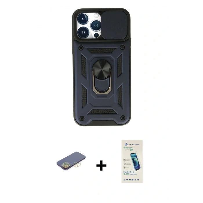 MARSİLYAN™- iPhone 13 Pro Max Kılıf Ahenk Klasik - Şeffaf Pasifik Cam Ekran Koruyucu + Renkli Kamera Lens Koruma Cam - SI