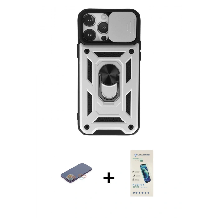 MARSİLYAN™- iPhone 13 Pro Max Kılıf Ahenk Klasik - Şeffaf Pasifik Cam Ekran Koruyucu + Renkli Kamera Lens Koruma Cam - PE